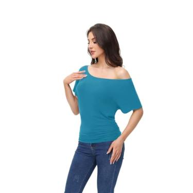 Imagem de Camisetas femininas grandes franzidas casuais Dolman camisas de manga curta gola canoa verão ombro de fora morcego camiseta regular e plus size com franzido lateral (pequeno-4GG), Turquesa, M