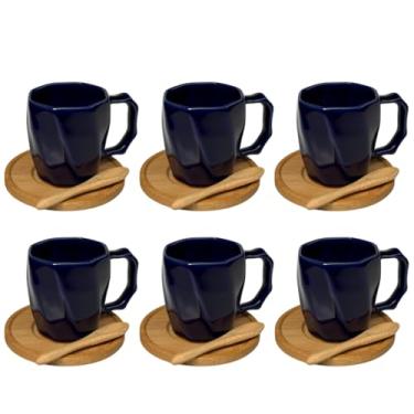 Imagem de Kit 6 Canecas de Cerâmica 120ml com Colheres e Pires de Bambu – Design Minimalista, Ideal para Café e Presentes - E-FCS Store (Azul Marinho)