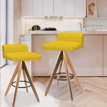 Imagem de Kit 02 Banqueta Alta Com Encosto Giratória Aurea Madeira Balcão Bistrô Cozinha Suede Amarelo