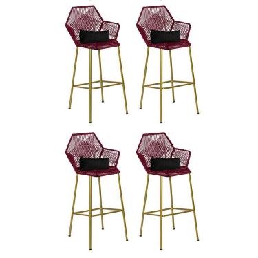 Imagem de Kit 04 Banqueta Alta Sttar Ferro Dourado Fibra Marsala Almofada Corino Preto