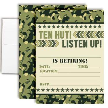 Imagem de Amanda Creation Convites de festa de aposentadoria militar - 20 cartões de preenchimento "Ten Hut!" Convites de aposentadoria com tema de camuflagem com vinte envelopes brancos - 5x7 cartões dupla