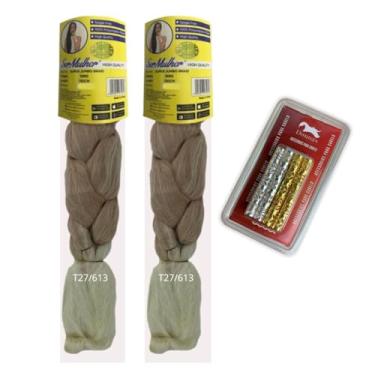 Imagem de Kit 2 Pacotes de Jumbos Ser Mulher Cabelo Para Tranças Box Braids 399 g 65 cm + Kit de 20 Anéis Enfeites Para Tranças