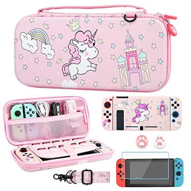 Imagem de GLDRAM Estojo De Transporte Rosa Unicórnio Para Acessórios Do Nintendo Switch, Lindas Garotas Viagem Em Arco-Íris Com Capa Protetora Tpu Macio, Protetor Tela Hd, Protetores Polegar E Alça Ombro