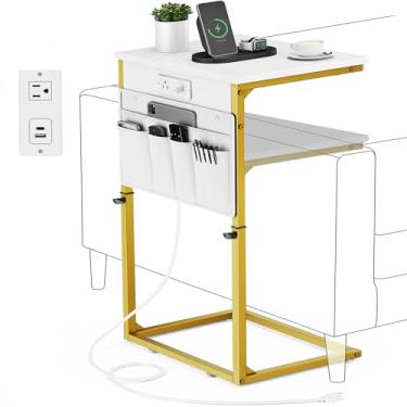 Imagem de Vagusicc Mesa Lateral Em Formato De C Com Estação Carregamento, Altura Ajustável Para Sofá, Mesas Laptop, Braço Deslizante Bandeja Tv, Sala Estar E Quarto, Dourado