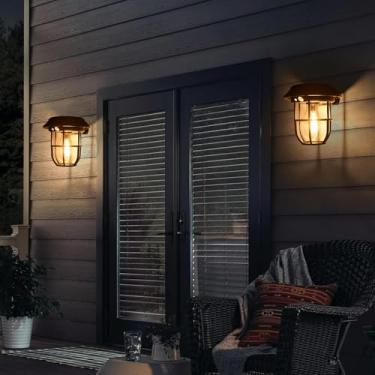 Imagem de iodoo Pacote Com 2 Luminárias De Parede Lanterna Solar E Sensor Movimento, Luz Elétrica Para Varanda, Arandela Vintage Áreas Externas, Quintal