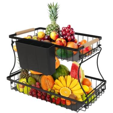 Imagem de LepoHome Cesta De Frutas 2 Andares Para Balcão Cozinha Com 1 Caixa Armazenamento E Tapetes, Cestas Arame Metal Removíveis Alça Madeira, Suporte Grande Capacidade Pão, Lanches Vegetais