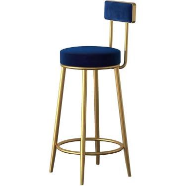 Imagem de Bancos de barra de altura de veludo, bancos redondos altos com pernas de metal nas costas e ouro, cadeiras de barra para a sala de estar de pub da ilha de cozinha, azul, altura sentada 75cm