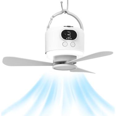 Imagem de geonfi Ventilador de teto portátil sem fio com controle remoto, design de 3 lâminas, operado por bateria de 10040 mAh, ventilador suspenso recarregável por USB com gancho para barraca, acampamento, ao