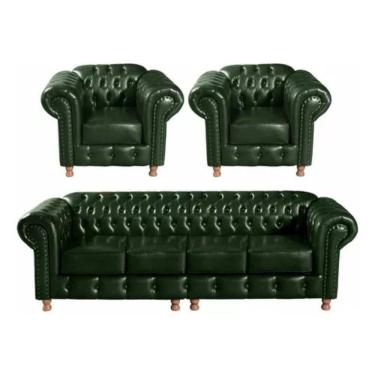 Imagem de Conjunto Sofá 4 Lugares E 2 Poltrona Chesterfield Luís Xv Vintage Retrô Capitonê Couro Verde