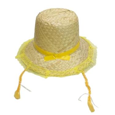 Imagem de Chapéu De Palha Infantil Para Festa Junina Com Tranças Rendado Amarelo