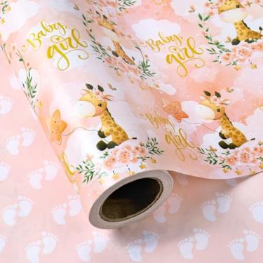 Imagem de WRAPAHOLIC Rolo de papel de embrulho jumbo reversível para bebês - 76 cm x 80 cm - Design fofo de girafa e pegadas de bebê para crianças, meninas, chá de bebê, aniversário