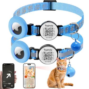 Imagem de 2 coleiras para gatos breakaway com sino fofas e ajustáveis e seguras com pingente que brilha no escuro, coleira para gatos com etiqueta de identificação inteligente e código QR refletivo para GPS