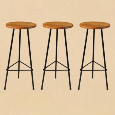 Imagem de Kit 3 Banquetas Retro Ferro Industrial Assento Madeira 70cm - Aluminiu