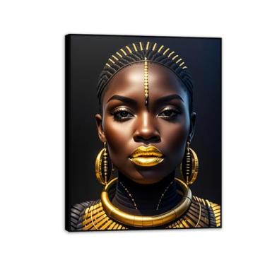 Imagem de Blackgold Arte de parede emoldurada de mulher afro-americana pintura de menina negra pôster abstrato para sala de estar quarto decoração de casa 50 x 40 cm (20 x 16 pol) moldura preta