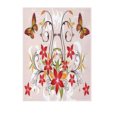 Imagem de Cobertor floral de pelúcia grande, buquê de borboletas e flores florescentes, imagem botânica, cobertor ultra macio e confortável para sofá ou quarto, 127 cm x 177 cm bege verde vermelho