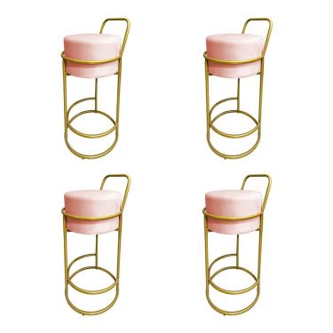 Imagem de Kit 4 Banquetas Alta Redonda Base Dourada Veludo - Rose