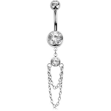 Imagem de OUFER Anel de umbigo de aço inoxidável 316L, pingente de corrente de 14G com anéis de umbigo de cristal CZ para mulheres, joias de piercing de umbigo de 10 mm, halteres para piercing corporal