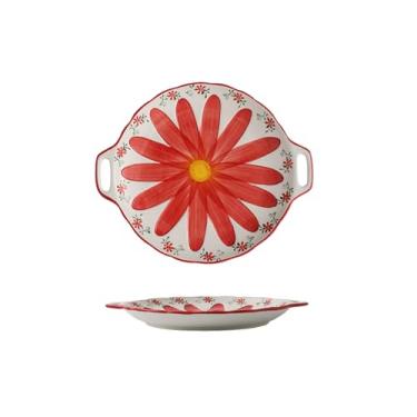 Imagem de Prato raso de orelha dupla de flor pintada à mão Prato de cerâmica para café da manhã - vermelho