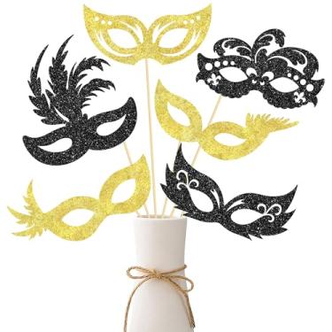 Imagem de umoni Máscara de baile de máscaras, palitos de centro de mesa, 12 peças, glitter preto e dourado, máscaras venezianas, decoração de festa para festa de casamento, festa de despedida de solteira