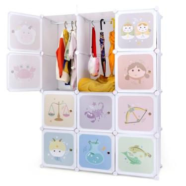 Imagem de INFANS Roupeiro infantil, armário infantil, cômoda de bebê, portátil, fofa para quarto de crianças, armário de berçário com portas, 12 cubos e 2 seções para pendurar, organizador de armazenamento de