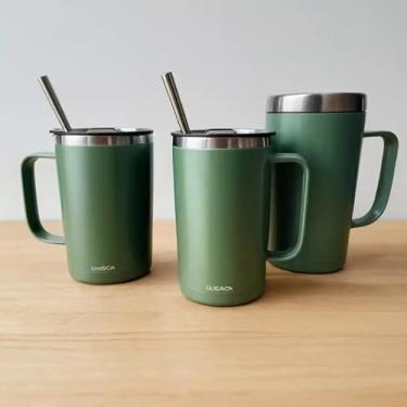 Imagem de Caneca Térmica Parede Dupla em Aço Inox Verde 750ml com Canudo - Estilo Minimalista