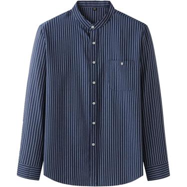 Imagem de Camisa Masculina Plus Size - Camisa Listrada De Colarinho Masculino Camisa Clássica Solta De Negócios Manga Longa Bolsos Laterais Soltos Camisa Social Impressa De Algodão Ele, Dark Blue, M