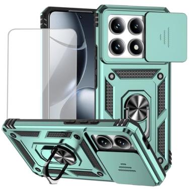 Imagem de Yodueiv Capa para Xiaomi 14T Pro com protetor de tela de vidro temperado e capa de câmera deslizante, anel magnético suporte para carro capa protetora para Xiaomi 14T Pro 5G verde