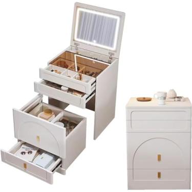 Imagem de Mesa De Vaidade Flip Over Com Espelho E Luzes, Vaidade De Maquiagem Compacta Pequena Moderna, Combo De Cômoda De Vaidade Integrada 3-em1, Espelho De Vaidade Com Luzes Mesa E Cadeira, Brown, 19.7in