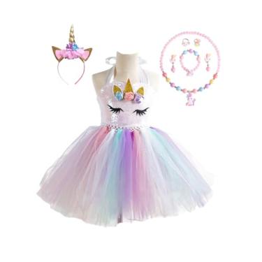 Imagem de MOLFROA Vestido tutu de lantejoulas de unicórnio feito à mão para meninas de 2 a 9 anos com faixa de cabeça e conjunto de 6 peças de acessórios (branco, 8 a 9 anos)