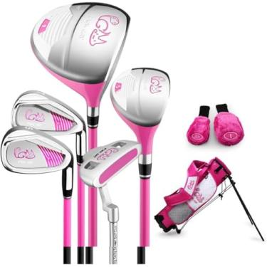 Imagem de PGM Conjunto completo de taco de golfe júnior para crianças, 6-8 faixas etárias, 5 tacos de golfe com bolsa de suporte e 2 capas de cabeça para meninos e meninas, mão direita, rosa