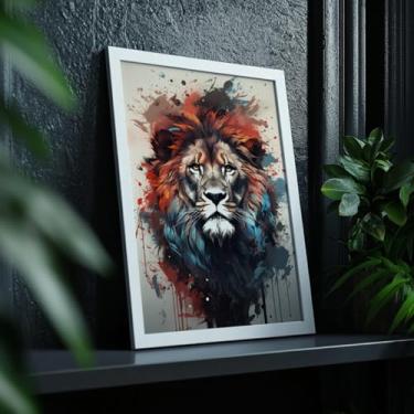 Imagem de Quadro Decorativo Leão Colorido Com Moldura Selvagem Arte Moderna Tinta Explosiva Animal Forte Impacto Visual Parede Luxo