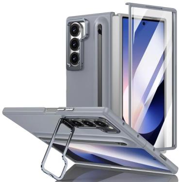 Imagem de Capa protetora de tela de vidro temperado para Galaxy Z Fold 5 com suporte de lente de metal e slot para caneta S Pen (para Galaxy Z Fold 5/cinza)