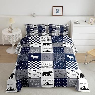 Imagem de Feelyou Conjunto De Edredom Com Estampa Cervo E Alce Para Meninas, Mulheres, Adolescentes Adultos, Cama Tema Caça Urso Meninos Crianças, Macio Animais Selvagens 3D, Azul 1 Fronha, 2 Peças Solteiro