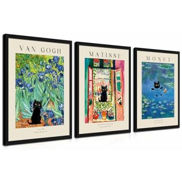 Imagem de Conjunto de 3 peças de arte de parede de Monet emolduradas em madeira - Van Gogh Black Cat Flower Field Pinturas em tela, imagens estéticas abstratas de gato preto Matisse para quarto, sala de estar