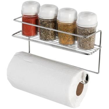 Imagem de Prateleira Multiuso com Suporte para Papel Toalha, Adesivo, Organizador de Parede, C/Potes de Temperos Condimentos, Utensílio de Cozinha (Cromado)