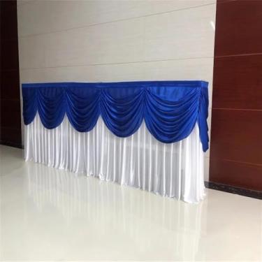 Imagem de Saia de mesa longa opcional de seda gelada de 10/20 pés, saia de mesa plissada colorida com babados e swag para decoração de mesa de buffet de aniversário e casamento, branca e azul, A 75 x L 300 cm