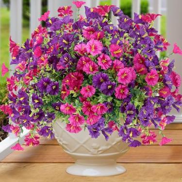 Imagem de Flores artificiais para atividades ao ar livre, 12 pacotes de plantas falsas realistas, resistentes a UV, glória matinal de seda falsa com eucalipto para plantador de porta da frente, pátio, varanda