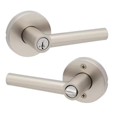 Imagem de Maçaneta de porta de entrada de despensa com chave Milão Kwikset com fechadura e chave, exterior de alavanca reversível com chave segura, entrada frontal e quartos, níquel acetinado, segurança