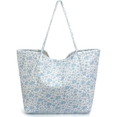 Imagem de Yonsya Sacolas de veludo cotelê de tamanho grande, bolsa de ginástica de viagem para mulheres, trabalho, almoço, praia, compras, compras, bolsas de compras, Flor azul, Large