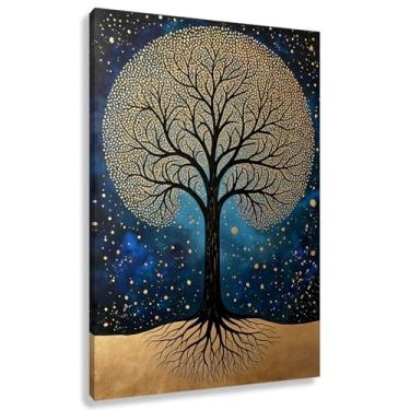 Imagem de Árvore da Vida Arte de Parede Árvore Dourada Impressão em Tela Árvore da Vida Decoração Céu Estrelado Imagens Azul Escuro Sala de Estar 40x60cmx1