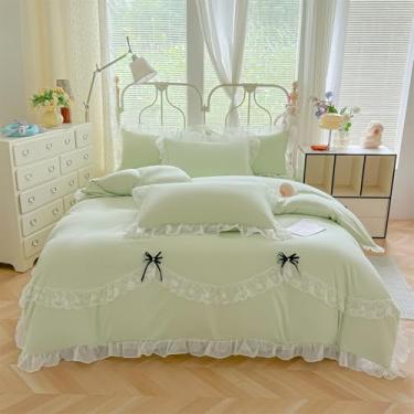 Imagem de MOOWOO Jogo de cama de renda com babados e gravata borboleta fofa - 3 peças (1 capa de edredom completa 203 x 232 cm, 2 fronhas) Roupa de cama estética para casamento francês romântico