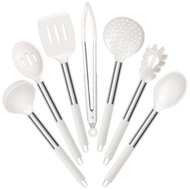 Imagem de E-far Conjunto de utensílios de cozinha de silicone, 7 peças de utensílios de cozinha resistentes ao calor com alça de aço inoxidável, espátula com fenda, colher, concha de sopa, servidor de massa