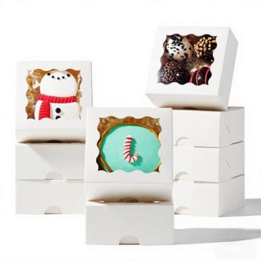 Imagem de SLShePack Mini caixas de padaria de 8 x 8 x 4 cm, 50 peças, com janela para biscoitos, sabonete, trufa de chocolate, donut, macaron (branco)