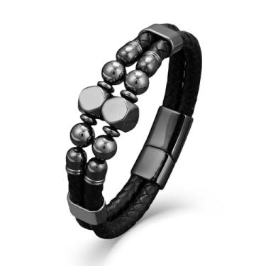 Imagem de EJARY Pulseira masculina de couro, turquesa/olho de tigre/lápis/ônix preto com contas de pedra de cura para homens, 8,27 polegadas/21 cm, Couro, Sem Pedra Preciosa