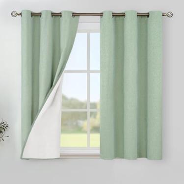 Imagem de YoungsTex Cortinas blackout de linho verde claro 100% de comprimento para quarto, cortinas com isolamento térmico para escurecimento de quarto inteiro com ilhós para sala de estar curta janela cozinha