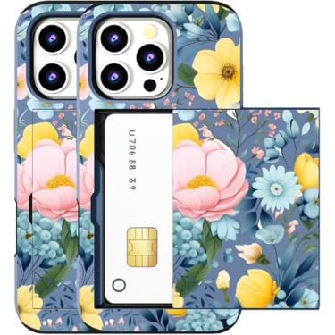 Imagem de MUQR Capa compatível com iPhone 15 Pro Max com porta-cartão fofo - Design Kawaii, proteção contra quedas de grau militar, capa carteira robusta para mulheres (flores de peônia azul)