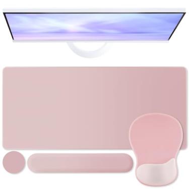 Imagem de Boutilon Conjunto de mouse pad, tapete de escrita de mesa com descanso de pulso, suporte ergonômico para o pulso, descanso de pulso de teclado, porta-copos para jogos, trabalho, casa, escritório (rosa