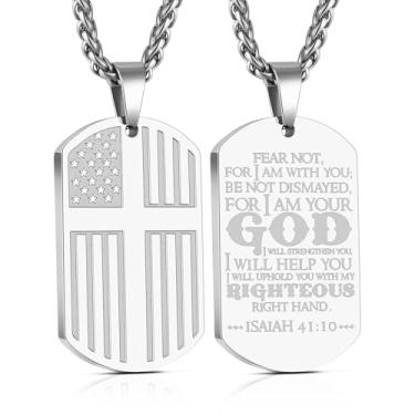 Imagem de Yanxyad Cruz etiqueta de cão bandeira americana versículo bíblia colar de aço inoxidável corrente pingente militar joias religiosas presentes para homens adolescentes 55 + 5 centímetros, Medium, Aço