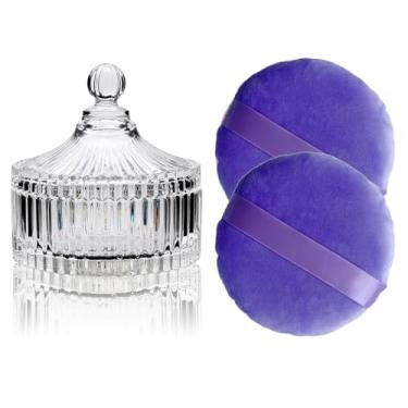 Imagem de Pacote com 2 puffs de pó roxos extra grandes de 13,2 cm e recipiente de vidro de 13,5 cm – Estojo grande e macio para corpo e rosto de pó grande (vidro transparente)