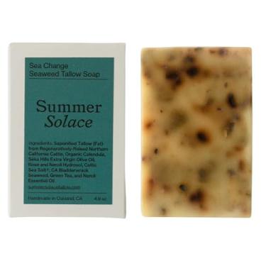 Imagem de Summer Solace Tallow Saboneteira totalmente natural sabonete facial e corporal esfoliante profundamente nutritivo à mão barra hidratante para pele seca e sensível com algas marinhas. Chá verde, Neroli